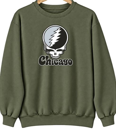 Chicago Baseball Stealie Grateful Dead Crewneck — Chicago White Sox — Military Green