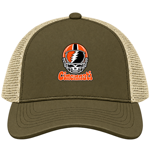 Cincinnati Helmet Stealie Premium Unisex Trucker Cap — Cincinnati Bengals — Moss/Khaki