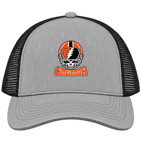 Cincinnati Helmet Stealie Premium Unisex Trucker Cap — Cincinnati Bengals — Heather Grey/Black