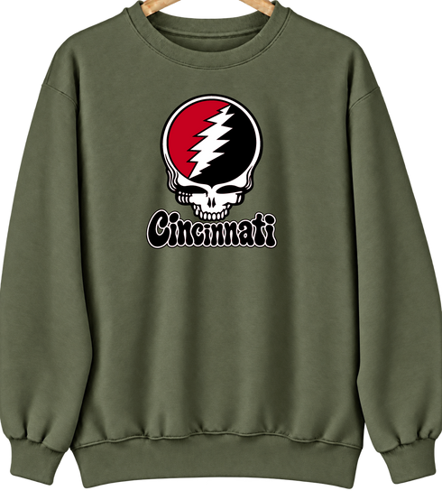 Cincinnati Baseball Stealie Grateful Dead Crewneck — Cincinnati Reds — Military Green