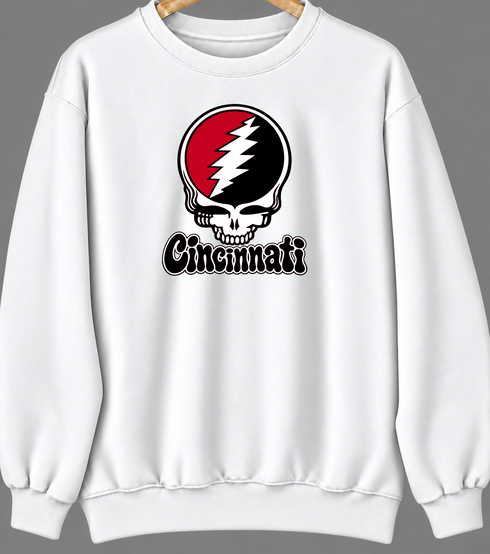 Cincinnati Baseball Stealie Grateful Dead Crewneck — Cincinnati Reds — White
