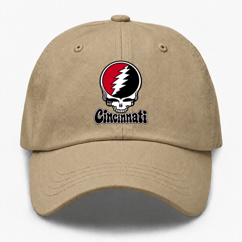 Cincinnati Baseball Stealie Grateful Dead Dad Hat — Cincinnati Reds — Khaki