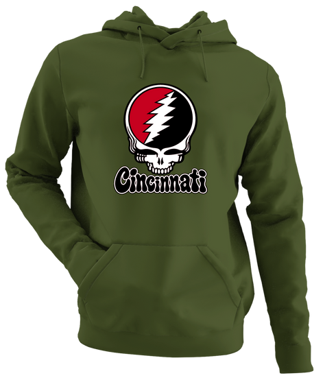 Cincinnati Baseball Stealie Grateful Dead Hoodie — Cincinnati Reds — Military Green