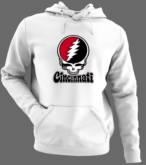 Cincinnati Baseball Stealie Grateful Dead Hoodie — Cincinnati Reds — White/Grey