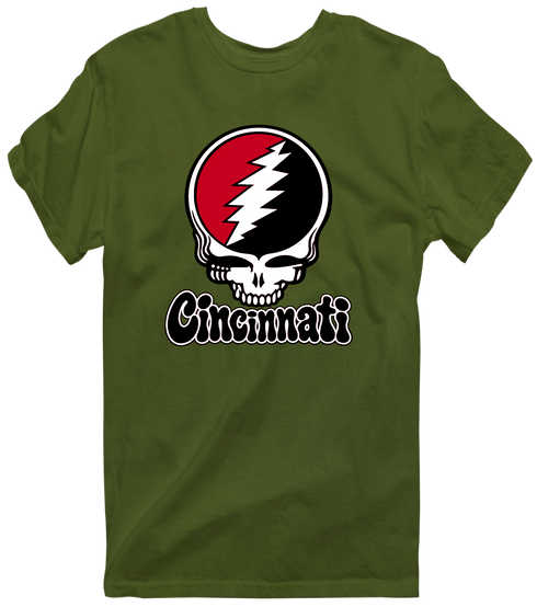 Cincinnati Baseball Stealie Grateful Dead T-Shirt — Cincinnati Reds — Military Green