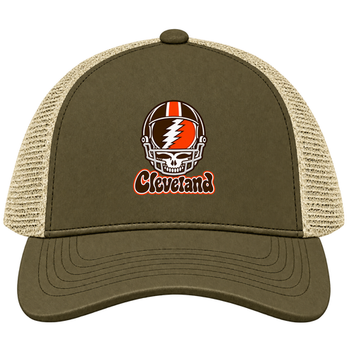 Cleveland Helmet Stealie Premium Unisex Trucker Cap — Cleveland Browns — Moss/Khaki