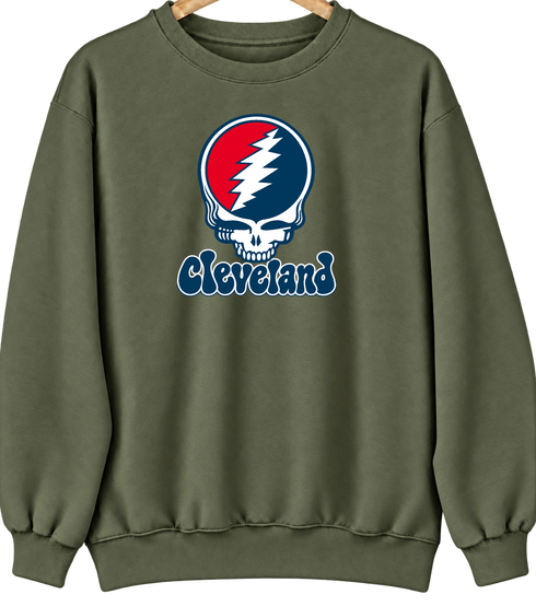 Cleveland Baseball Stealie Grateful Dead Crewneck — Cleveland Guardians — Military Green