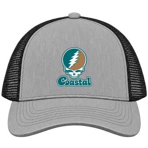 Coastal Stealie Premium Unisex Trucker Cap — Design: Coastal Carolina University — Heather Grey/Black