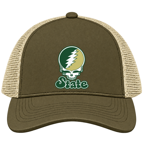 Colorado Stealie Premium Unisex Trucker Cap — Design: Colorado State University — Moss/Khaki