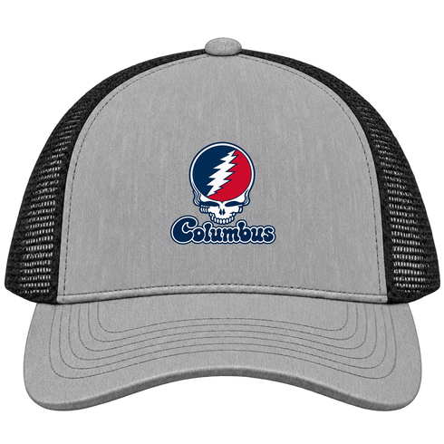 Columbus Stealie Premium Unisex Trucker Cap — Design: Columbus State University — Heather Grey/Black