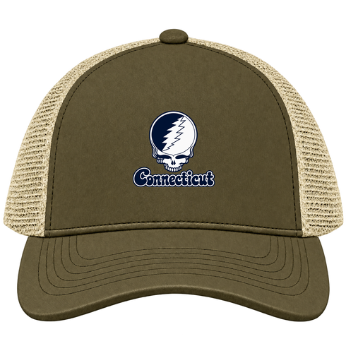 Connecticut Stealie Premium Unisex Trucker Cap — Design: Connecticut University of — Moss/Khaki