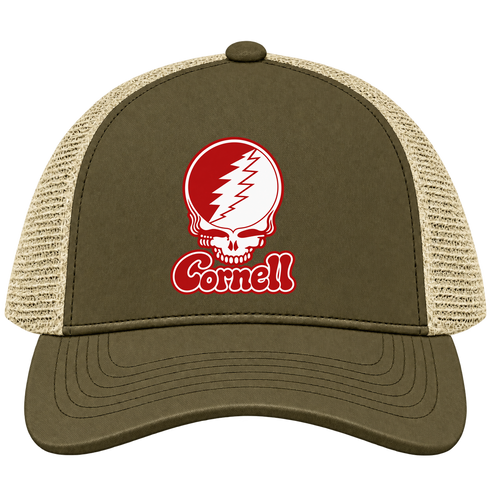 Cornell Stealie Premium Unisex Trucker Cap — Design: Cornell University — Moss/Khaki