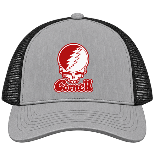 Cornell Stealie Premium Unisex Trucker Cap — Design: Cornell University — Heather Grey/Black