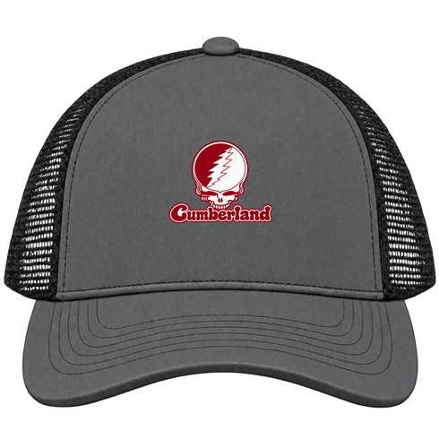 Cumberland Stealie Premium Unisex Trucker Cap — Design: Cumberland University — Charcoal/Black