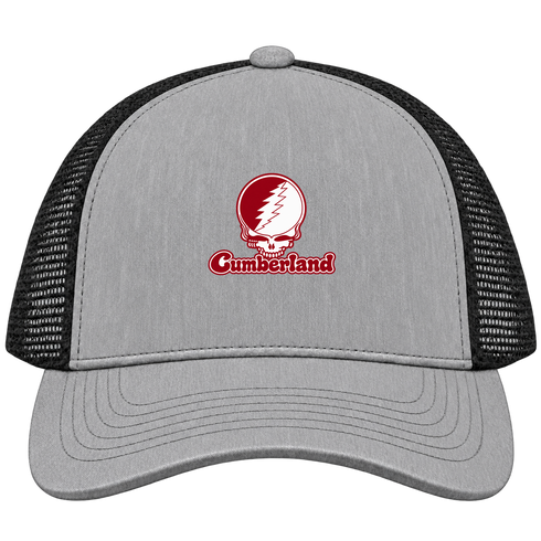 Cumberland Stealie Premium Unisex Trucker Cap — Design: Cumberland University — Heather Grey/Black
