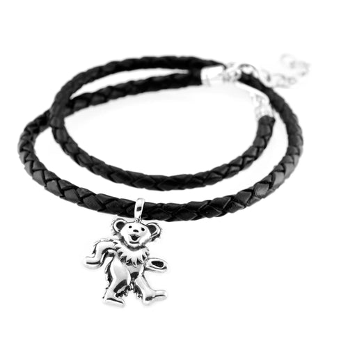 Grateful Dead - Dancing Bear Sterling Silver Charm Woven Leather Necklace - StealieShop