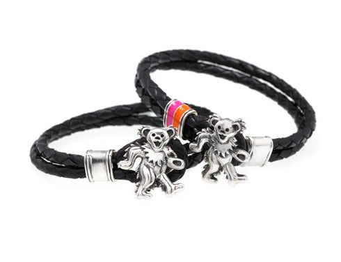 Grateful Dead - Dancing Bear Sterling Silver, Orange and Pink Enamel & Leather Bracelet - StealieShop