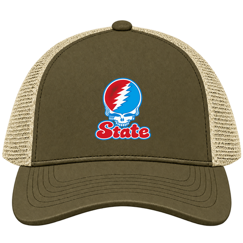 Delaware Stealie Premium Unisex Trucker Cap — Design: Delaware State University — Moss/Khaki