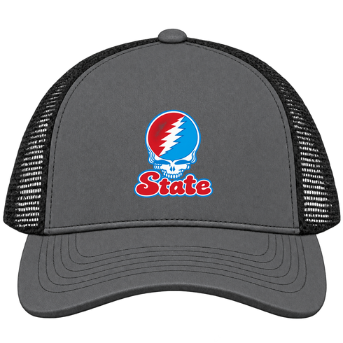 Delaware Stealie Premium Unisex Trucker Cap — Design: Delaware State University — Charcoal/Black