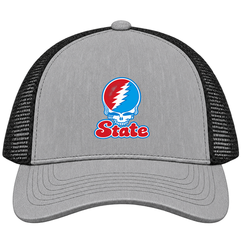 Delaware Stealie Premium Unisex Trucker Cap — Design: Delaware State University — Heather Grey/Black