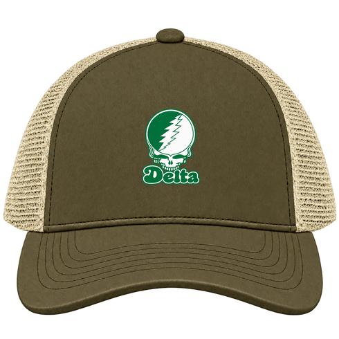 Delta Stealie Premium Unisex Trucker Cap — Design: Delta State University — Moss/Khaki