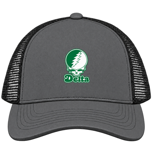 Delta Stealie Premium Unisex Trucker Cap — Design: Delta State University — Charcoal/Black