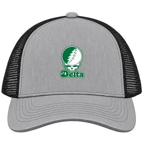 Delta Stealie Premium Unisex Trucker Cap — Design: Delta State University — Heather Grey/Black