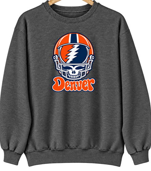 Denver Helmet Stealie Premium Unisex Crewneck — Denver Broncos — Dark Heather
