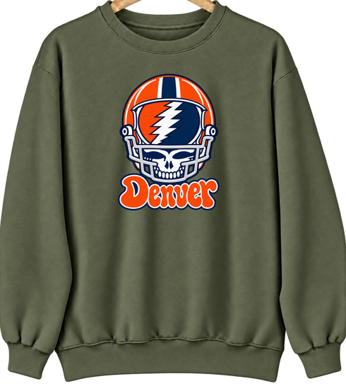 Denver Helmet Stealie Premium Unisex Crewneck — Denver Broncos — Military Green