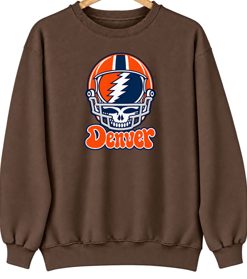 Denver Helmet Stealie Premium Unisex Crewneck — Denver Broncos — Brown