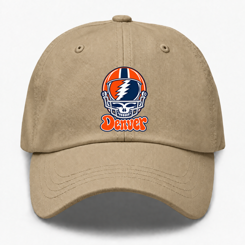 Denver Helmet Stealie Premium Unisex Dad Hat — Denver Broncos — Khaki