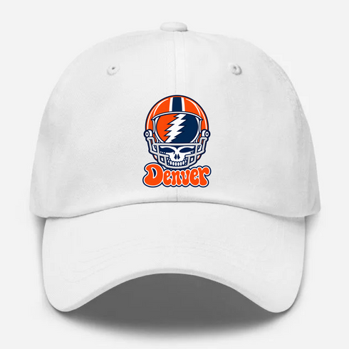 Denver Helmet Stealie Premium Unisex Dad Hat — Denver Broncos — White