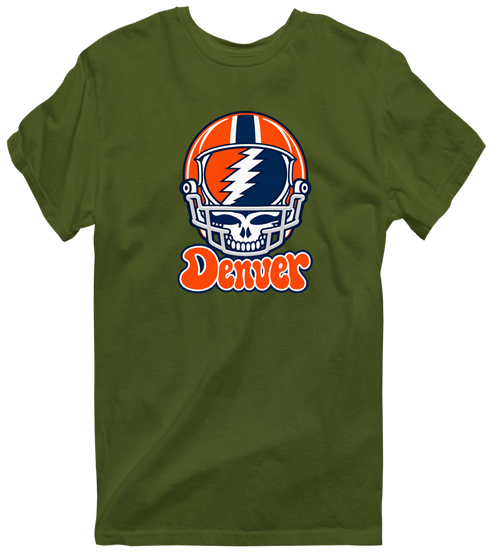 Denver Helmet Stealie Premium Unisex T-Shirt — Denver Broncos — Military Green