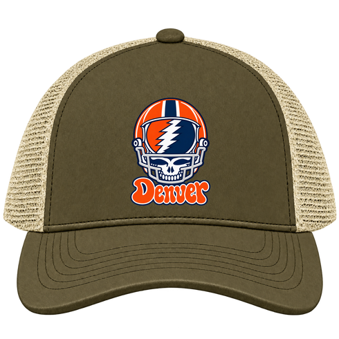 Denver Helmet Stealie Premium Unisex Trucker Cap — Denver Broncos — Moss/Khaki