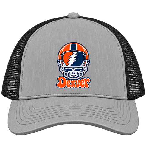Denver Helmet Stealie Premium Unisex Trucker Cap — Denver Broncos — Heather Grey/Black
