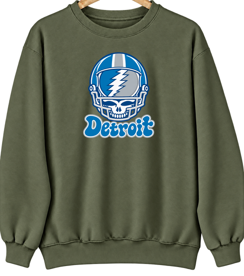 Detroit Helmet Stealie Premium Unisex Crewneck — Detroit Lions — Military Green
