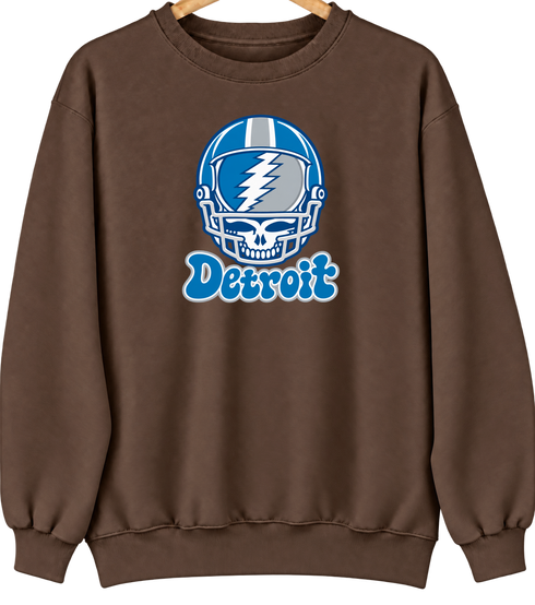 Detroit Helmet Stealie Premium Unisex Crewneck — Detroit Lions — Brown