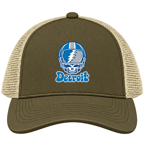 Detroit Helmet Stealie Premium Unisex Trucker Cap — Detroit Lions — Moss/Khaki