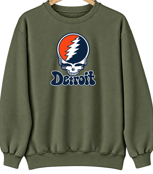 Detroit Baseball Stealie Grateful Dead Crewneck — Detroit Tigers — Military Green