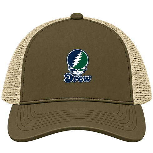 Drew Stealie Premium Unisex Trucker Cap — Design: Drew University — Moss/Khaki