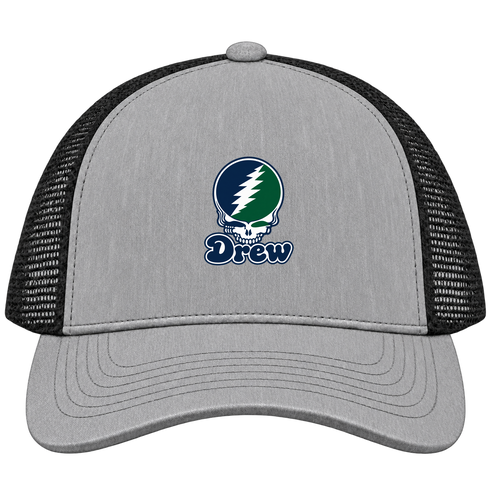 Drew Stealie Premium Unisex Trucker Cap — Design: Drew University — Heather Grey/Black