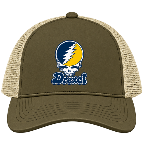 Drexel Stealie Premium Unisex Trucker Cap — Design: Drexel University — Moss/Khaki