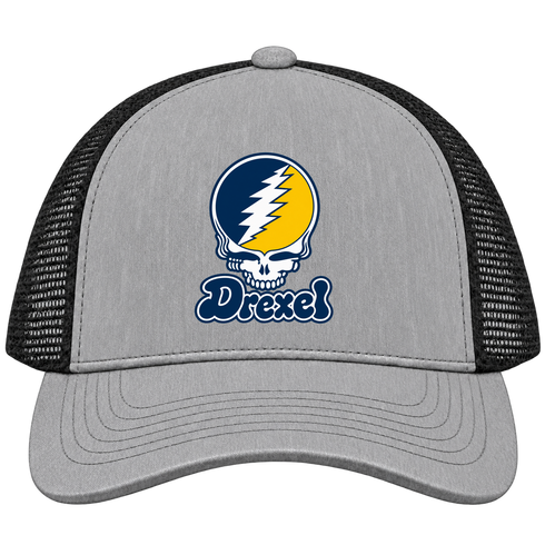 Drexel Stealie Premium Unisex Trucker Cap — Design: Drexel University — Heather Grey/Black