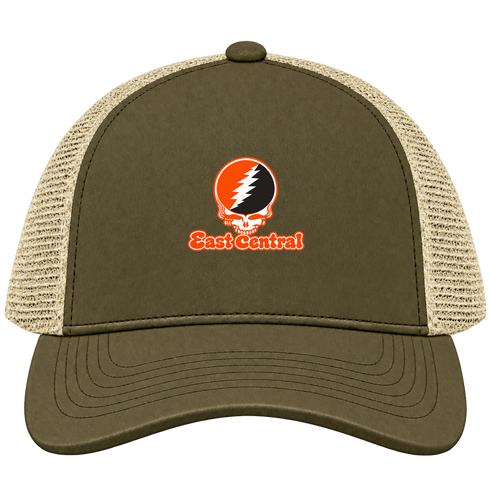 East Central Stealie Premium Unisex Trucker Cap — Design: East Central University — Moss/Khaki