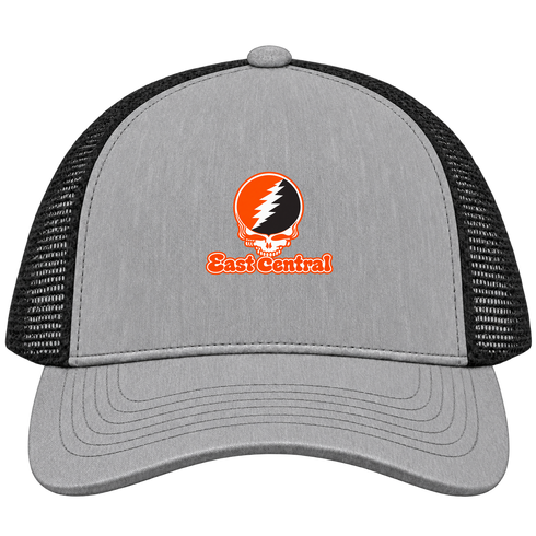 East Central Stealie Premium Unisex Trucker Cap — Design: East Central University — Heather Grey/Black