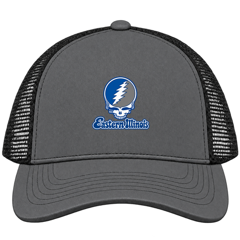 Eastern Illinois Stealie Premium Unisex Trucker Cap — Design: Eastern Illinois University — Charcoal/Black