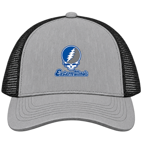 Eastern Illinois Stealie Premium Unisex Trucker Cap — Design: Eastern Illinois University — Heather Grey/Black