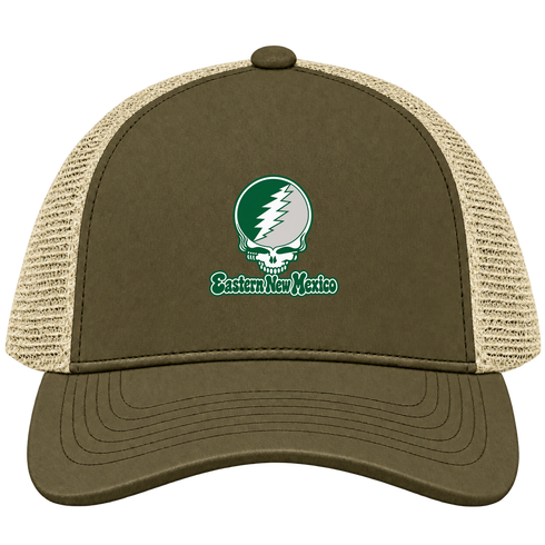 Eastern New Mexico Stealie Premium Unisex Trucker Cap — Design: Eastern New Mexico University — Moss/Khaki