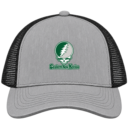 Eastern New Mexico Stealie Premium Unisex Trucker Cap — Design: Eastern New Mexico University — Heather Grey/Black