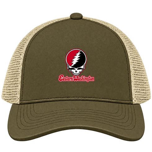 Eastern Washington Stealie Premium Unisex Trucker Cap — Design: Eastern Washington University — Moss/Khaki